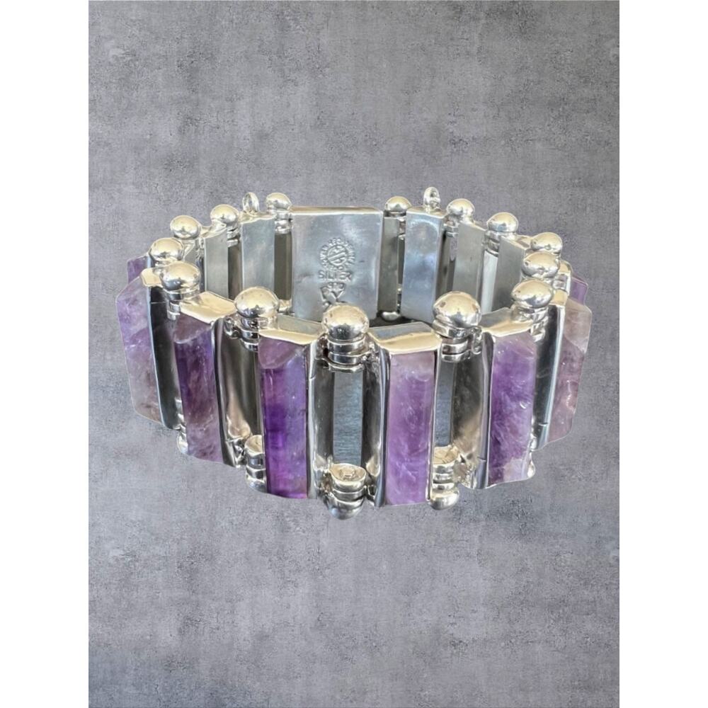 Taxco Mexico 970 Silver Amethyst Bracelet 91g Vtg Modernist Signed HEAVY Pineda